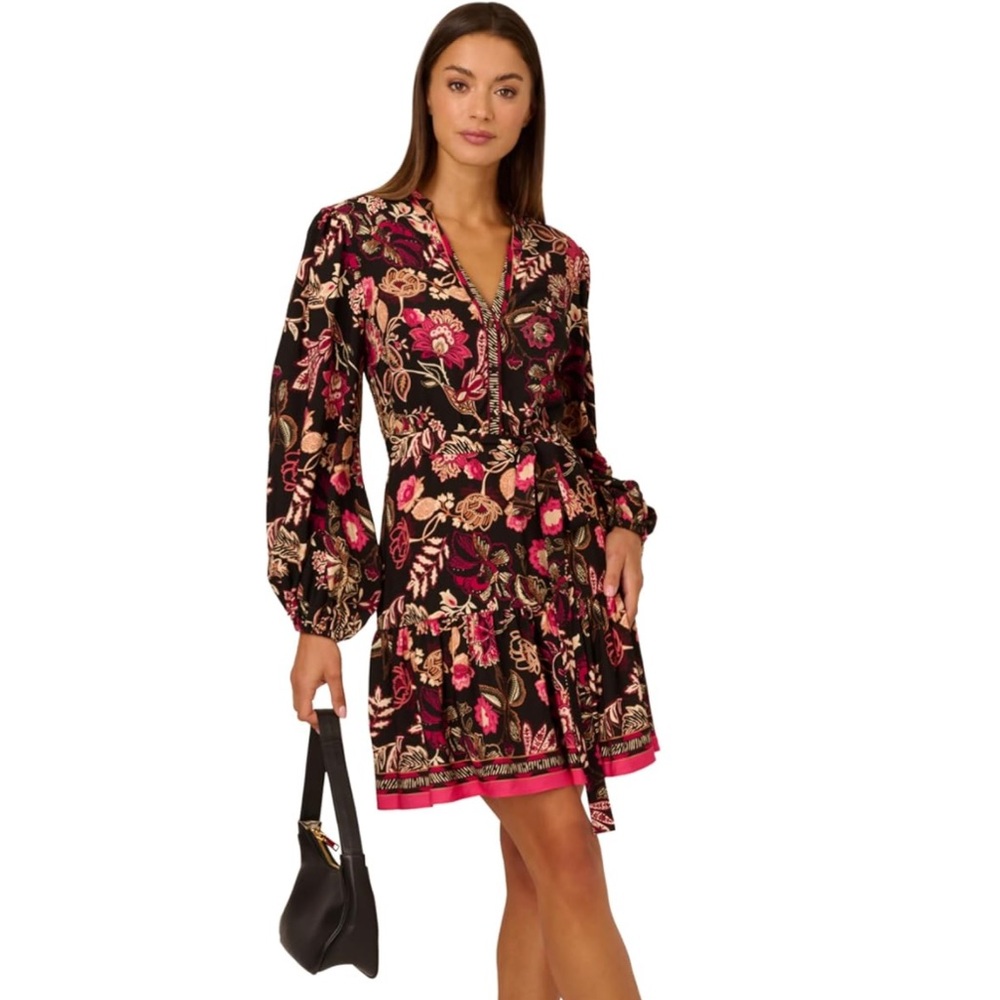 Women’s Floral Black and Pink Shirt Dress - Size 12/Large